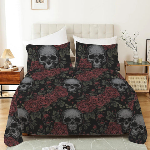 Floral Skull Pattern Dark Gothic Black Deep Red Roses 3 Piece Bedding