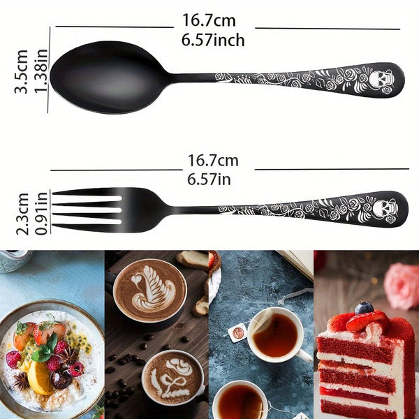 8/12pcs, Gothic Black Skull & Rose Stainless Steel Cutlery Set