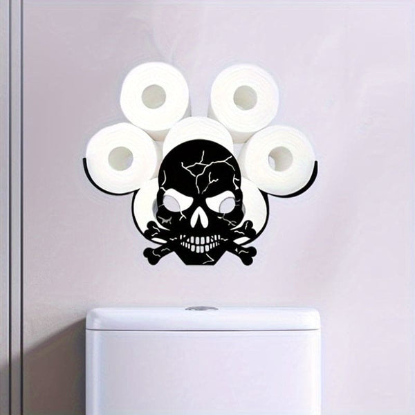 Black Wrought Iron Skull Toilet Paper Holder with Adjustable Length Holds 8 Rolls