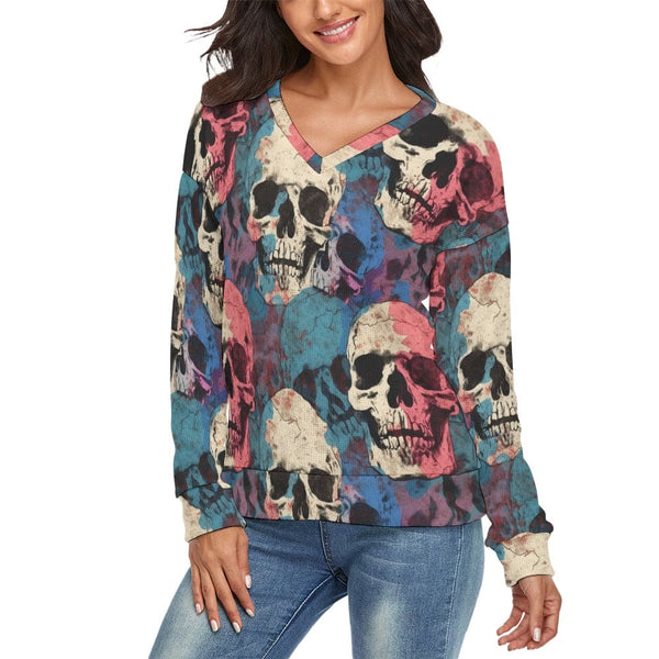 Women's Blue Pink Skulls V-Neck Long Sleeve Sweater