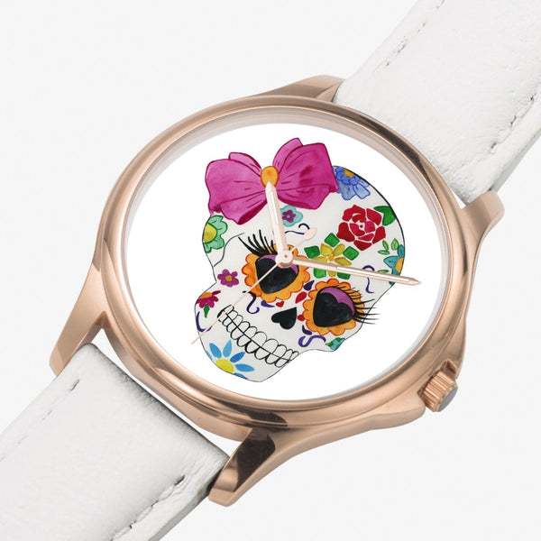 Sugar Skull With Bow Stylish Classic Leather Strap Quartz Watch Rose Gold