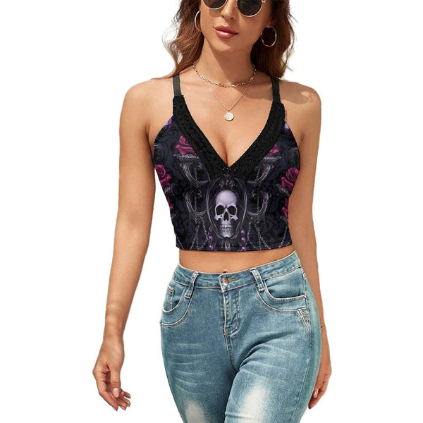 Ladies skull And Pink Roses V-Neck Tank Crop Top