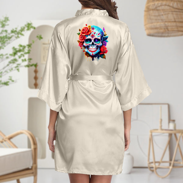 Women's Skull Floral 3/4 Sleeve Lace Up Robe