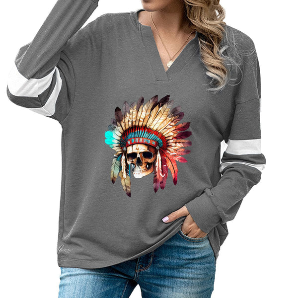 Womens Skull Feather Headband Long Sleeve Top