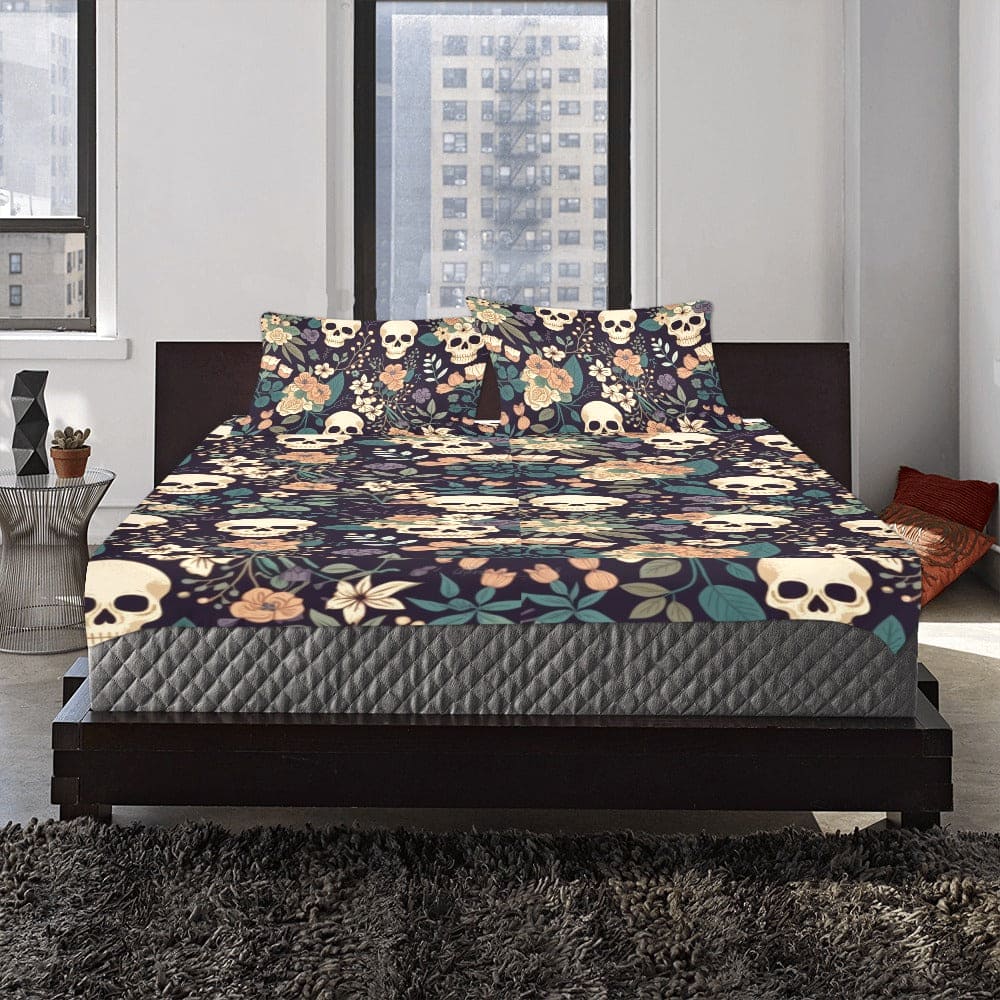 Skulls Blue Pink Floral 3-Piece Bedding Set – Gothic Bedroom Decor