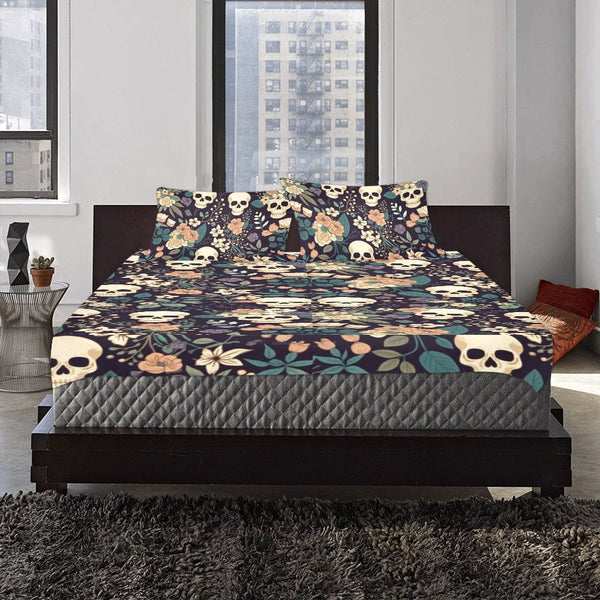 Skulls Blue Pink Floral 3-Piece Bedding Set – Gothic Bedroom Decor