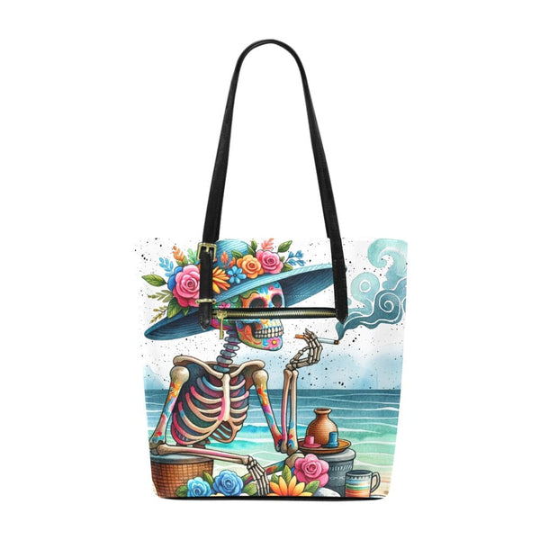 Tote Bag Features A Striking Skull Design Against A Stunning Beach Backdrop