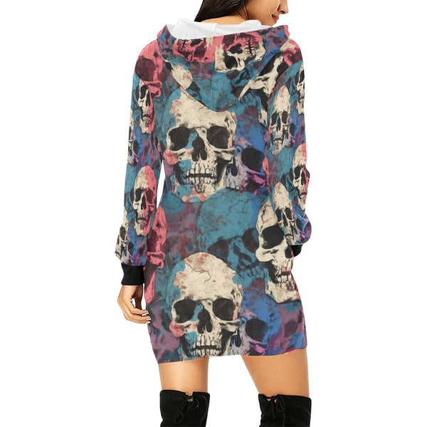 Women's Pink Blue White Skulls Hoodie Long Sleeve Dress