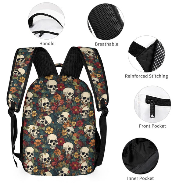 Fall Flowers Skull Backpack, Lunch Bag And Pencil Case Set