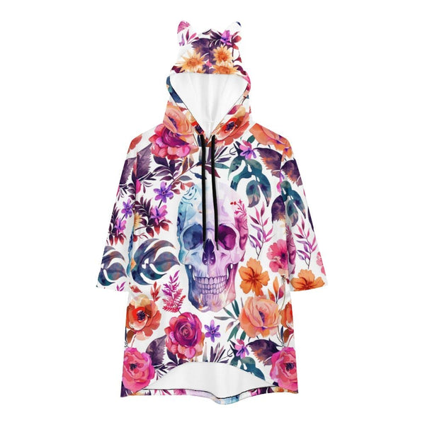 Women's Skull Flowers 3/4-Sleeve Cat Ears Hooded Pullover