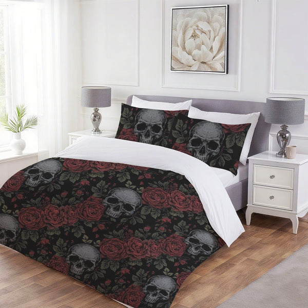 Floral Skull Pattern Dark Gothic Black Deep Red Roses 3 Piece Bedding