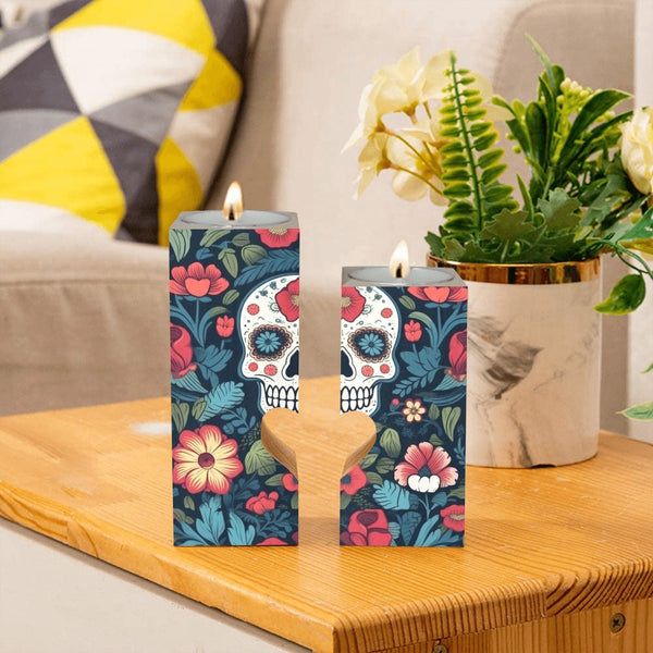 Blue Red Skulls Wooden Candle Holder