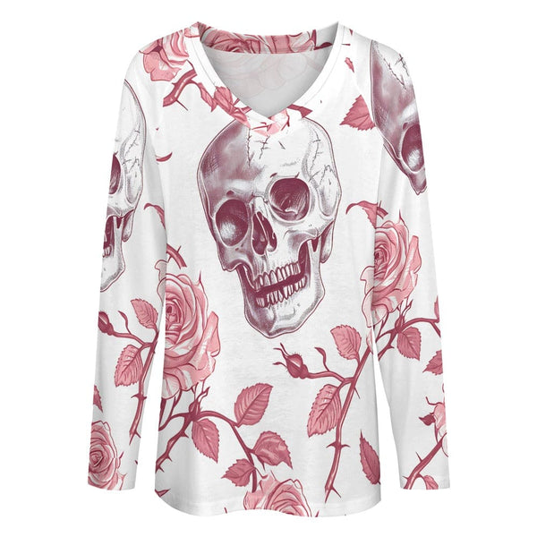 Women's Skull Pink Flowers Long Sleeve Loose Tee