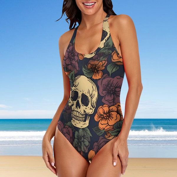 This Floral Skull Pattern Ladies One Piece Swimsuit Is Perfect For Any Water Activity