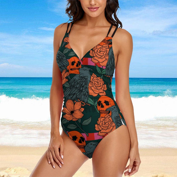 Step Out On the Beach In This Orange Skull Floral One-piece Swimsuit
