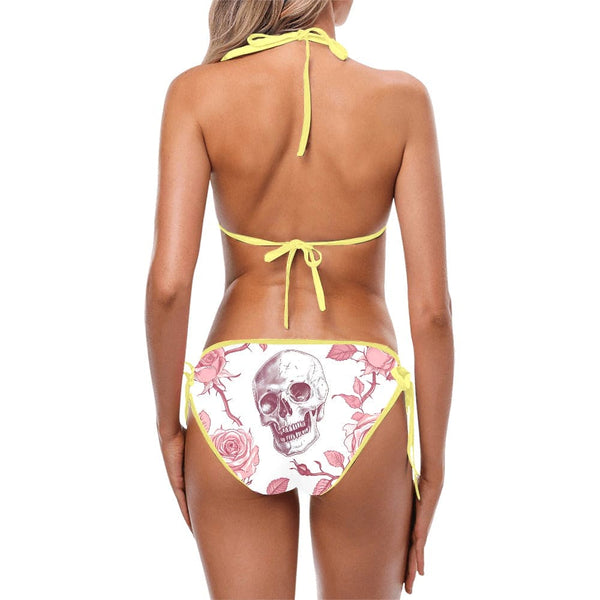 Pink Floral Skull Two Piece Tie Bikini Swimsuit 10 Colors