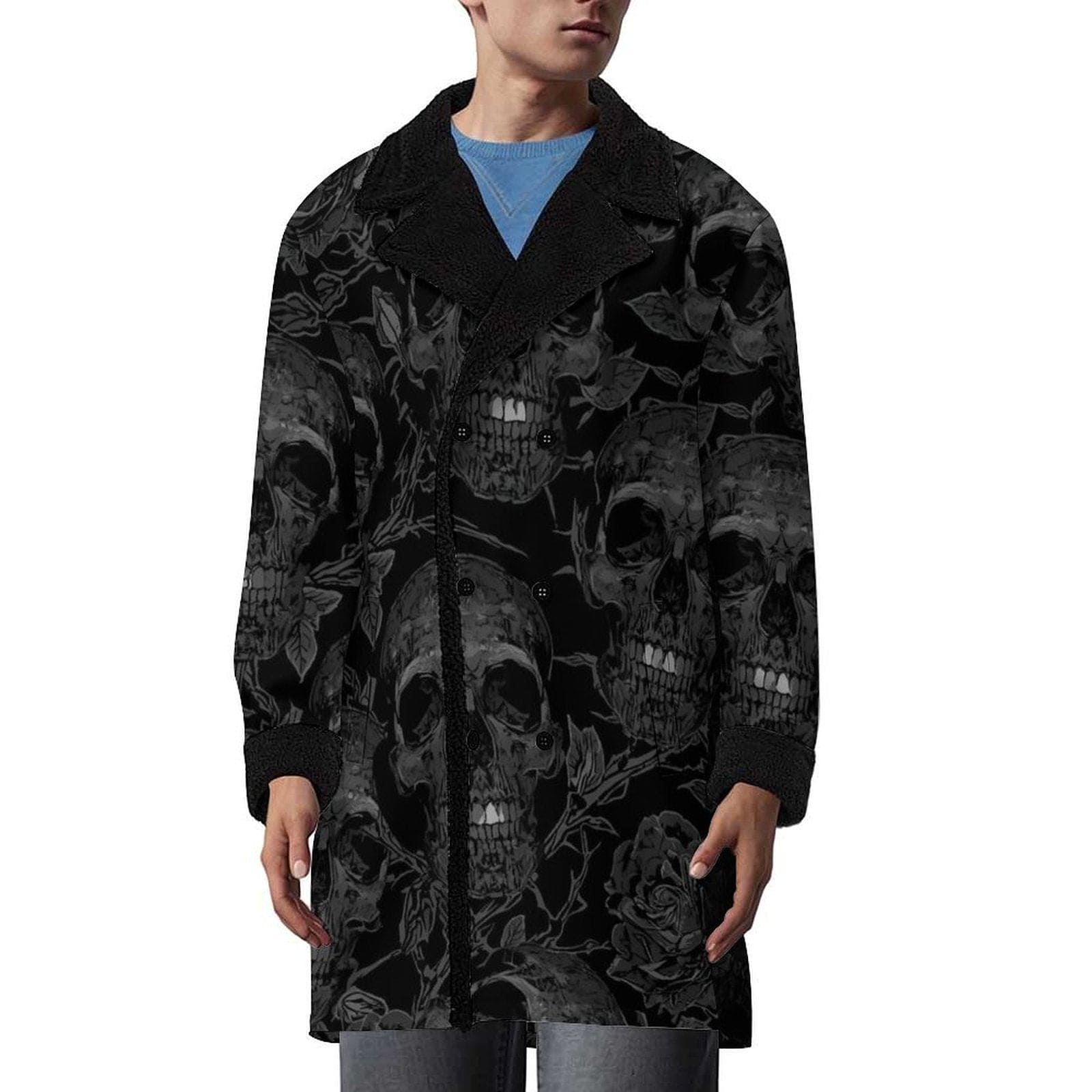Men's Dark Skulls With Black Roses Double Breasted Coat