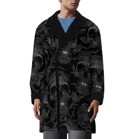 Men's Dark Skulls With Black Roses Double Breasted Coat