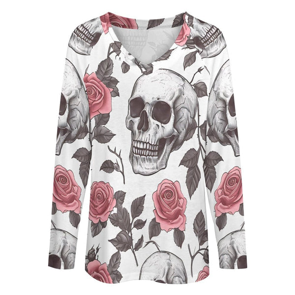 Women's Skull Pink Roses Long Sleeve Loose Tee