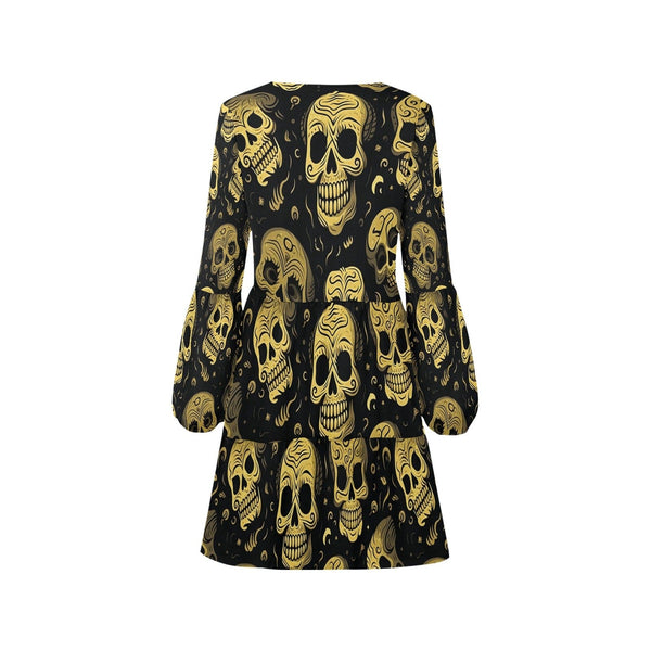 Gold Skulls V-Neck Dress - Loose Fit, Long Sleeves