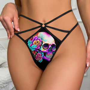 Women's Colorful Floral Skull T-back Strappy Panties