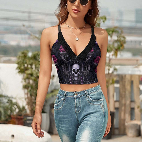 Ladies skull And Pink Roses V-Neck Tank Crop Top