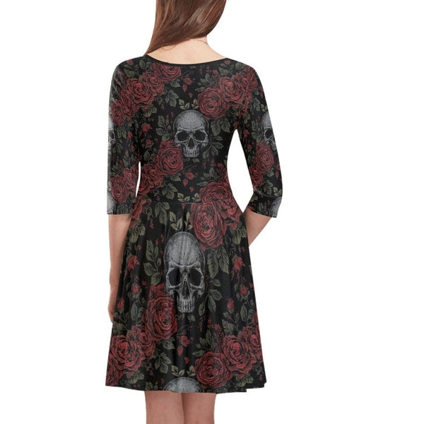 Women's  Skulls & Red Roses Half-Sleeve Dress