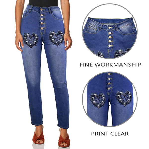 Gothic Skull Barbed Wire Heart Women's Jeans