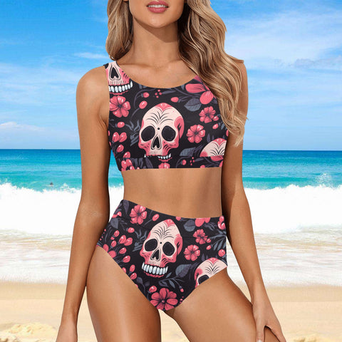 Women's Pink Flowers And Skulls Crop Top Bikini Set
