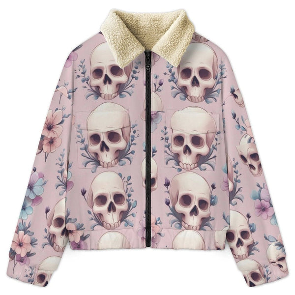 Women's Soft Pastel Floral Skull Patch Pocket Fleece Jacket