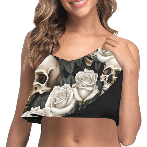 Women's Skulls & Roses Ruffle Bikini Top
