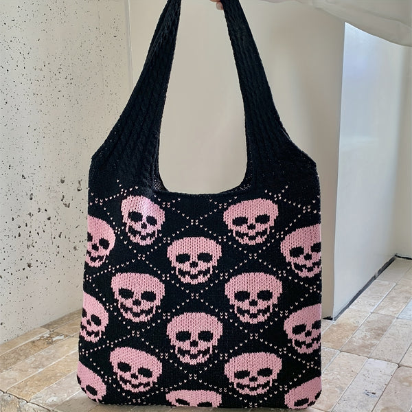 Retro Skull Crochet Tote Bag Large Capacity Casual Bag