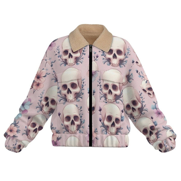 Women's Soft Pastel Floral Skull Patch Pocket Fleece Jacket
