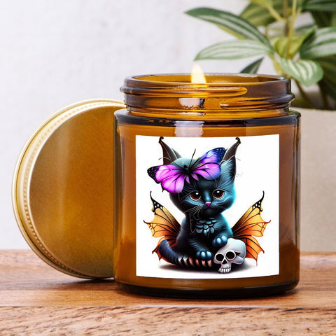 Cute Black Cat With Skull Candle Amber Jar 4oz