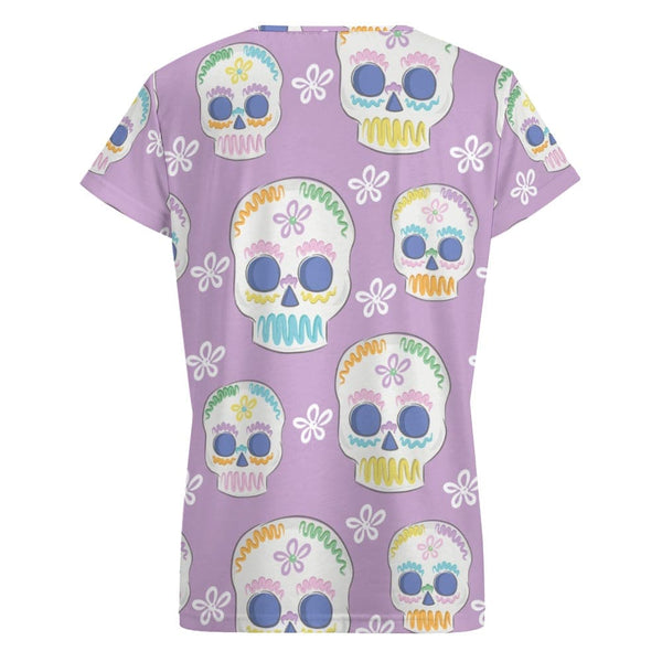 Purple Skull Flower V-neck Short Sleeve T-shirt