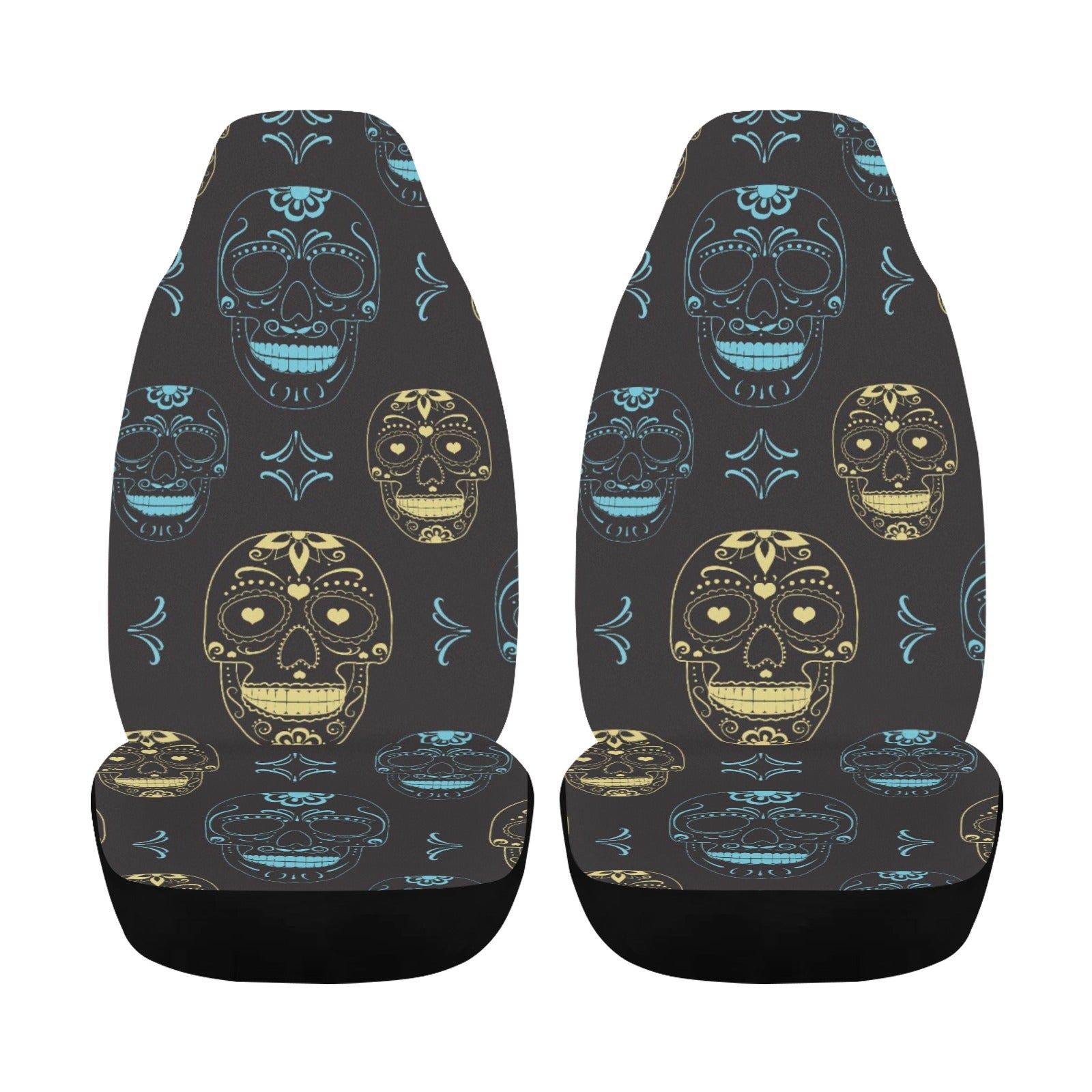 Blue & Gold Skulls Car Seat Cover Airbag Compatible Set of 2