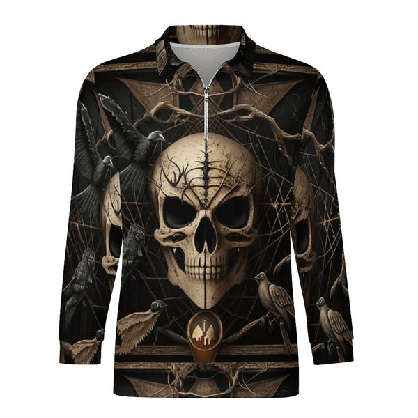 Men's Skull Gothic Long-Sleeve Zip Polo Shirt