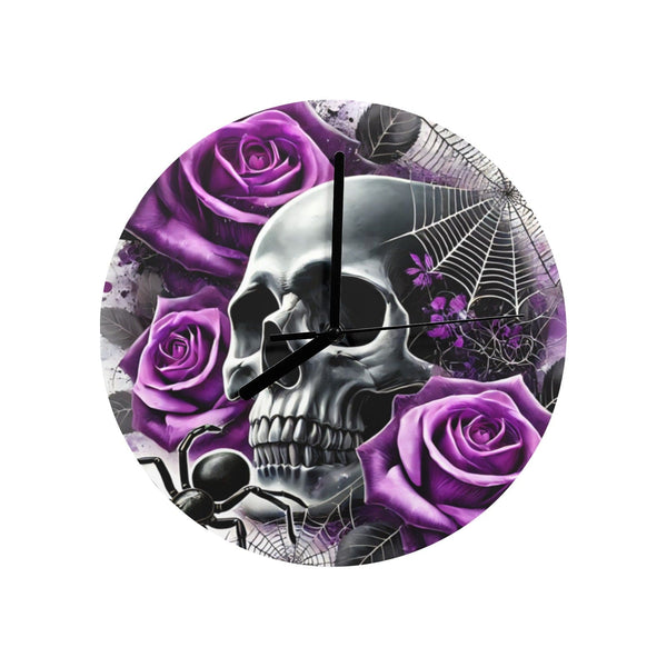 Purple Rose Skull Spider Wall Clock