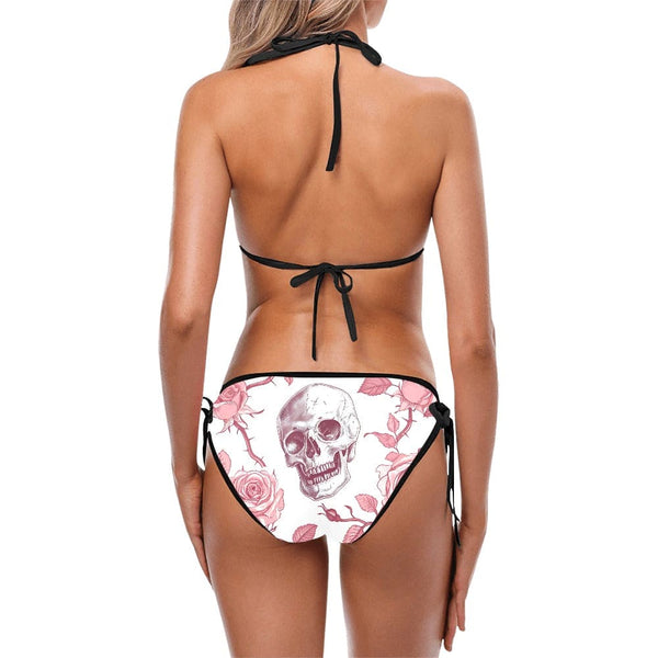 Pink Floral Skull Two Piece Tie Bikini Swimsuit 10 Colors