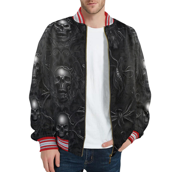 Upgrade Your Style With This Men's Skull Striped Bomber Jacket In White or Red!