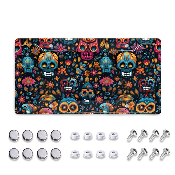 Colorful Skulls Licensce Plate Holder And Cover