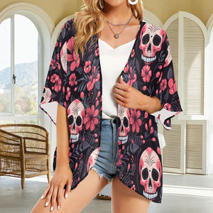 Women's Pink Floral Skulls Kimono Chiffon Light Jacket