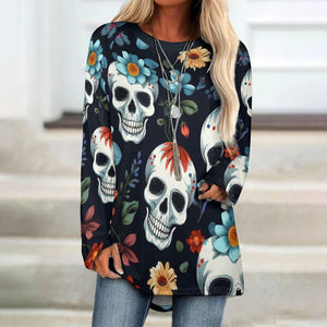 Women's Skulls With Blue Flowers Crew Neck Long Sleeve T-Shirt