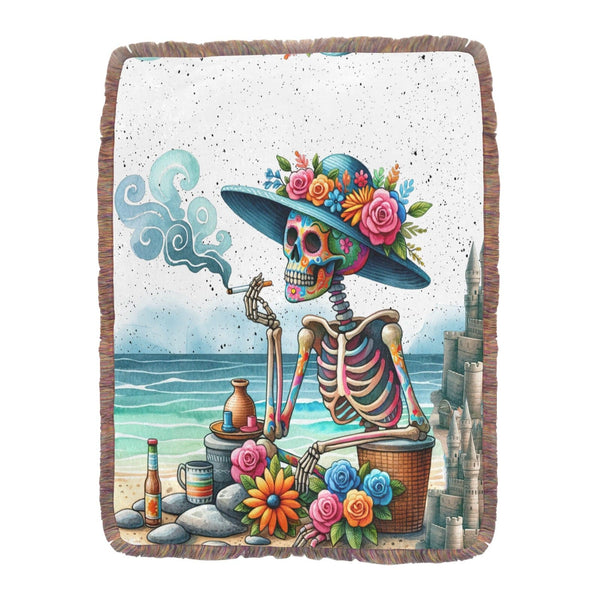 Women Skeleton On The Beach Ultra-Soft Mixed Green Fringe Blanket 60"x80"