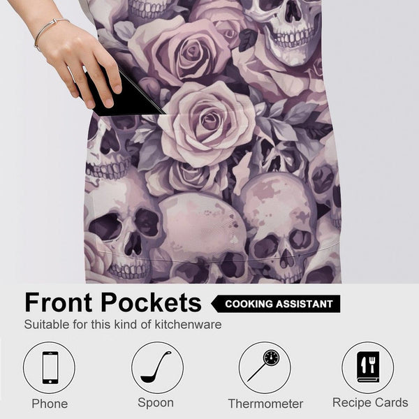 Skulls With Pink Roses Adult Apron with Pocket