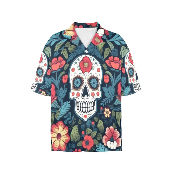 Blue Red Skulls Floral Hawaiian Short Sleeve Shirt