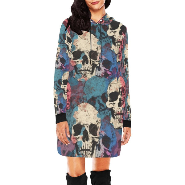 Women's Pink Blue White Skulls Hoodie Long Sleeve Dress