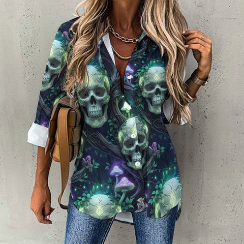 Mystical Skulls Irregular Hem Button Down Women's Blouse