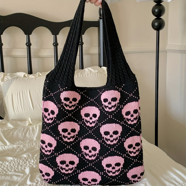 Retro Skull Crochet Tote Bag Large Capacity Casual Bag