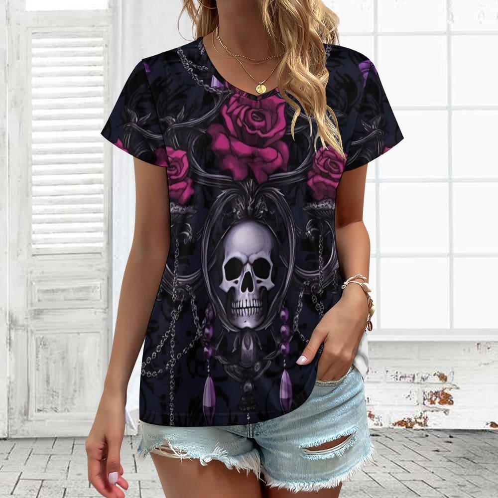 Women's Skull Roses V-neck Short Sleeve T-shirt – Everything Skull